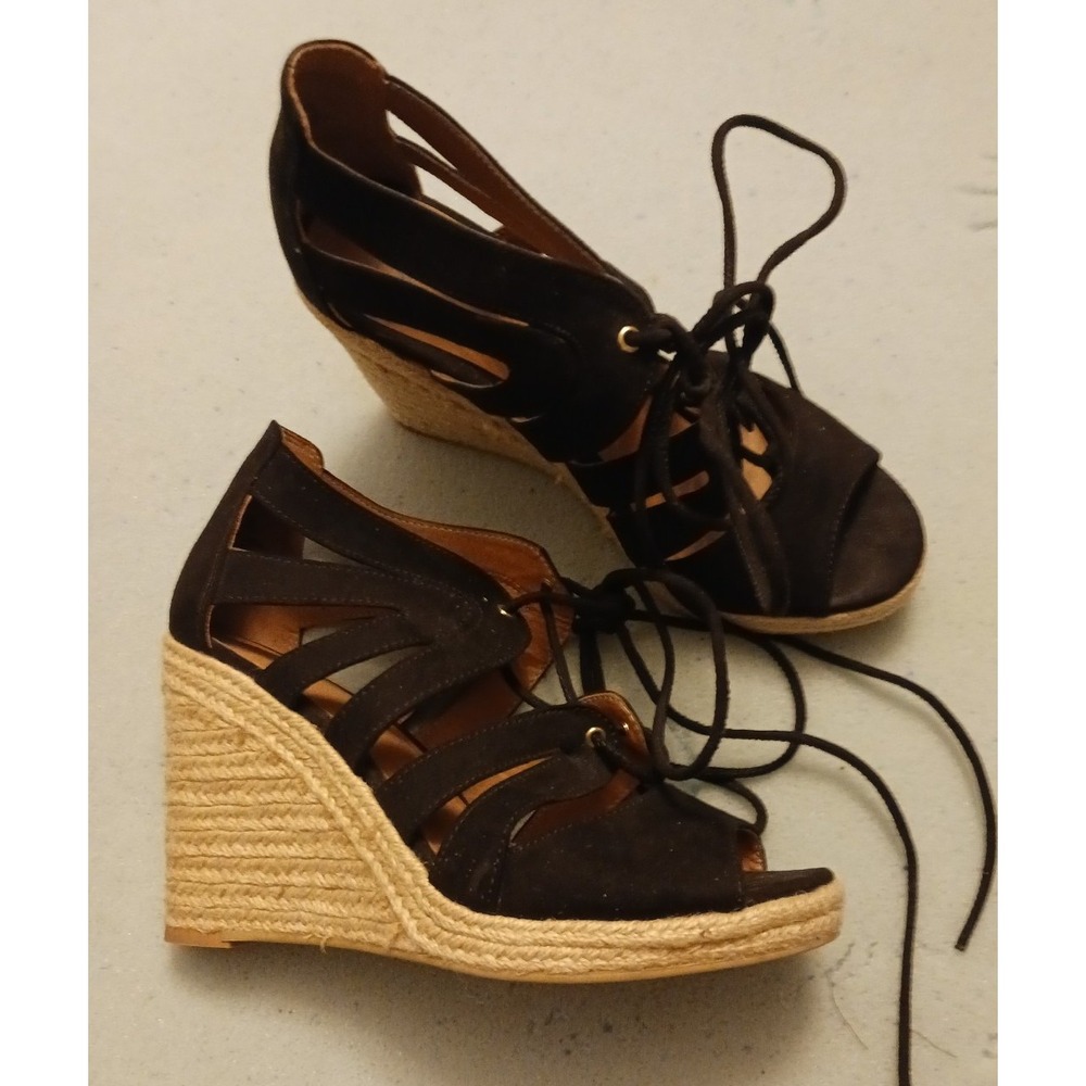H&M Black Suede‎ Lace Up Wedge Sandals, Size 7.5/38